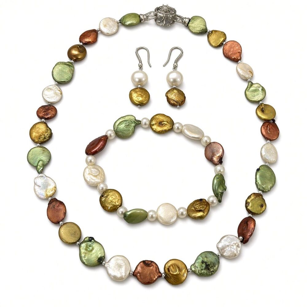 Closeout Handcrafted Multicolor Coin Pearl Necklace, Bracelet, and Earring Set